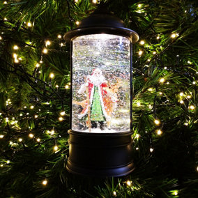 29cm Snowtime Dual Power LED Christmas Glitter Water Spinner Black Lantern Santa & Reindeer Scene