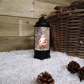 29cm Snowtime Dual Power LED Christmas Glitter Water Spinner Black Lantern Santa Scene