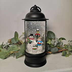 29cm Snowtime Dual Power LED Christmas Glitter Water Spinner Black Lantern Snowman Scene