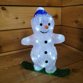 29cm Tall Snowboarding Acrylic Snowman Christmas Decoration in Cool White