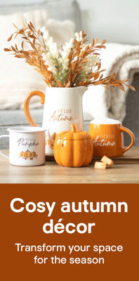 Link to Autumn decor range - image shows a selection of crockery in autumnal colours with dried flowers and a pumpkin ornament