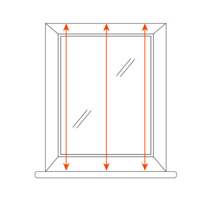 An illustration of a window with 3 arrows stretching vertically from the top to the bottom of the window frame, indicating what needs to be measured when fitting blinds inside a window recess.