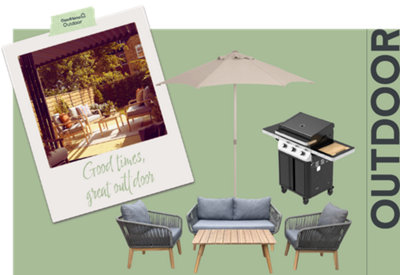 Graphic titled 'Outdoor' with polaroid captioned 'Good times, great outdoors' garden furniture and a bbq.