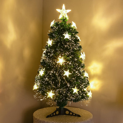 2FT (60cm) Green Fibre Optic Christmas Tree with Warm White LED Lights and Stars