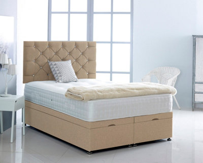 2FT6 Small Single Beige Linen Velvet Foot Lift Ottoman Bed With Headboard & Mattress