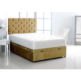 2FT6 Small Single Gold Crush Velvet Foot Lift Ottoman Bed With Headboard & Mattress