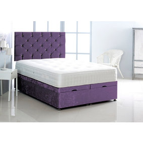 2FT6 Small Single Purple Crush Velvet Foot Lift Ottoman Bed With Headboard & Mattress