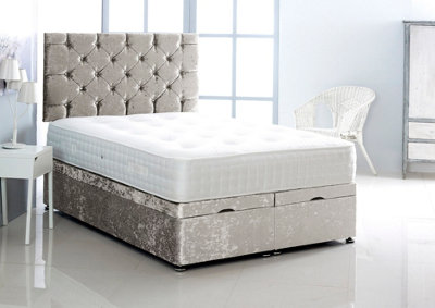 2FT6 Small Single Silver Crush Velvet Foot Lift Ottoman Bed With Headboard & Mattress