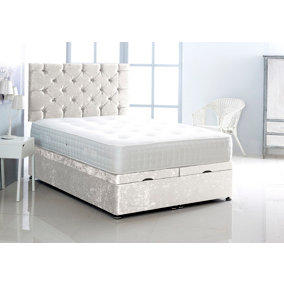 2FT6 Small Single White Crush Velvet Foot Lift Ottoman Bed With Headboard & Mattress