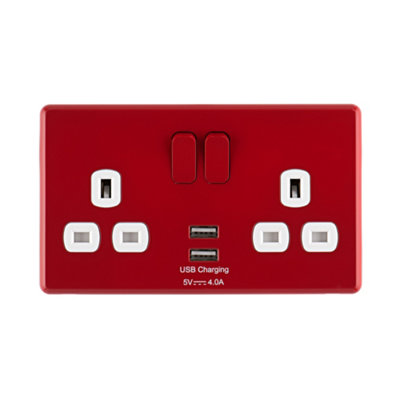2G 13A Double USB Switched Socket Red