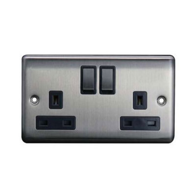 2G 13A DP Switched Socket Brushed Chrome, Grey insert, 5