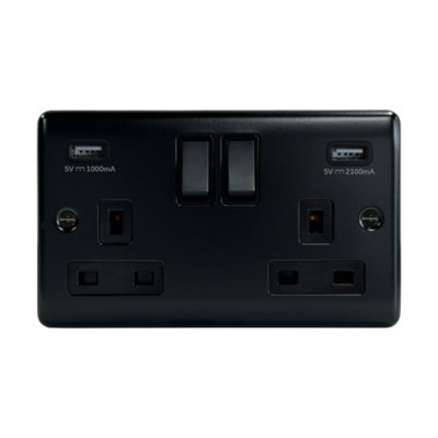 2G 13A SP Sw Socket + 2 USB Outlets, 3.1A Total Output Matt Black