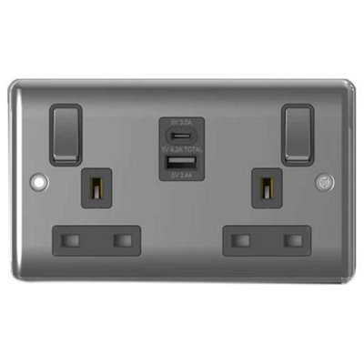2G 13A SP Sw Socket USB + TYPE C Brushed Chrome, Grey Insert, 5