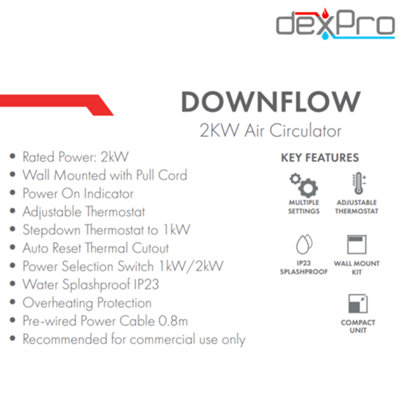 2kW Downflow Fan Heater Circulator Wall Mounted: Adjustable Thermostat Pull Cord - 3