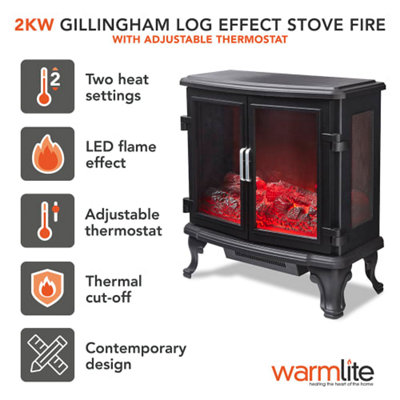 2KW Gillingham Log Effect Fire Stove with 8 Hour Timer Black