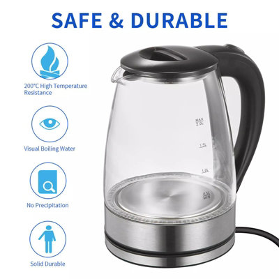 2L Electric Kettle Fast Boil Glass Kettle Quiet 360 Blue LED Boil-Dry ...