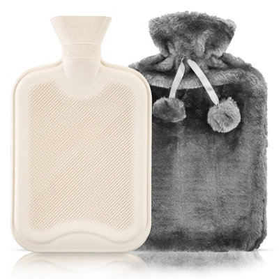 2L Fluffy Pom Pom Hot Water Bottle - Grey