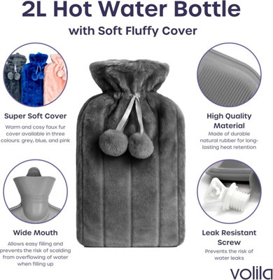 2L Hot Water Bottle with Cover Heat Pad with Grey Faux Fur for Period ...