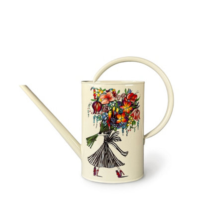 2L Tall Metal Watering Can with Bouquet Design by Charlotte Posner
