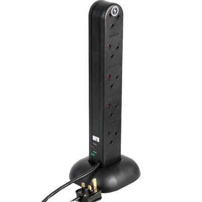 2m - 10 Gang / Way Mains Power Extension Socket TOWER - 230V SURGE PROTECTED Black Plug Charger