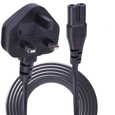 2m Black UK Mains Plug to Figure 8 C7 Power Lead with 3A