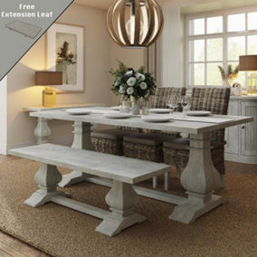 2M Dining Table Set Solid Reclaimed Pine Limewashed Finish Free Extension Leaf