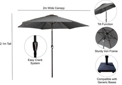 2m Grey Outdoor Crank and Tilt Garden Parasol - 6