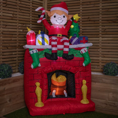 2m Tall Light up Fireplace Christmas Inflatable with Elf and White LEDs