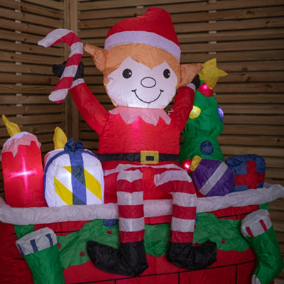 2m Tall Light up Fireplace Christmas Inflatable with Elf and White LEDs
