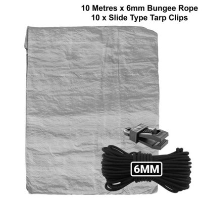 2M X 4M GREY S-GRADE TARPAULIN WITH 10 METERS X 6MM BUNGEE ROPE AND 10 ...