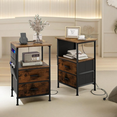 2PC Bedroom Bedside Tables With Charging Station Rustic Brown Industrial