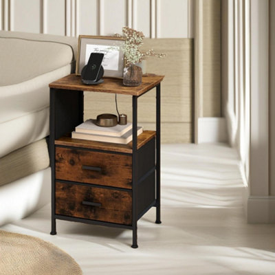 2PC Bedroom Bedside Tables With Charging Station Rustic Brown Industrial