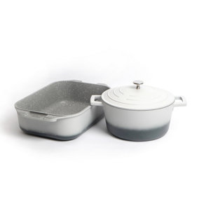 2pc Cast Aluminium Cookware Set with Non-Stick 4L Casserole Dish, Grey Ombre, and a Non-Stick 34cm Roasting Pan