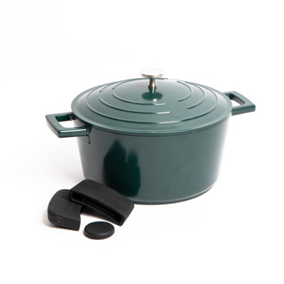 2pc Cookware Set with Hunter Green Non-Stick Cast Aluminium Casserole Dish, 24cm/4L and 3pc Silicone Handle Cover Set