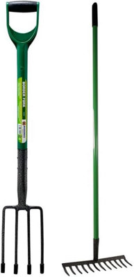 2Pc Garden Border Digging Fork & Rake Tool Steel Gardening Soil ...
