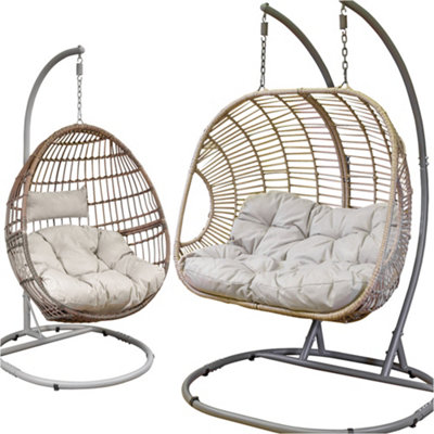 2pc Garden Hanging Egg Chair Set - Rattan Wicker - Single & Double Outdoor Swing