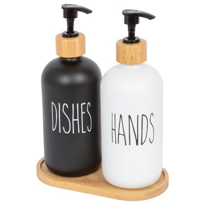 2pc Glass Hand & Dish Soap Dispenser Set with Bamboo Tray - 500ml - White/Black