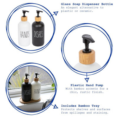 2pc Glass Hand & Dish Soap Dispenser Set with Bamboo Tray - 500ml - White/Black