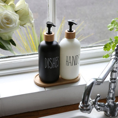 2pc Glass Hand & Dish Soap Dispenser Set with Bamboo Tray - 500ml - White/Black - 5