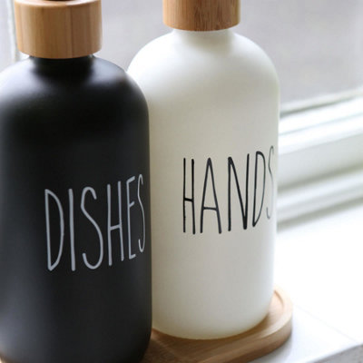 2pc Glass Hand & Dish Soap Dispenser Set with Bamboo Tray - 500ml - White/Black - 6