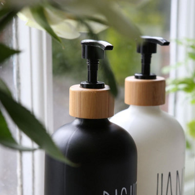 2pc Glass Hand & Dish Soap Dispenser Set with Bamboo Tray - 500ml - White/Black - 7