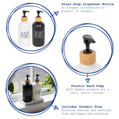 2pc Glass Hand & Dish Soap Dispenser Set with Ceramic Tray - 500ml - White/Black