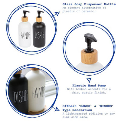 2pc Glass Hand & Dish Soap Dispensers Set - 500ml - White/Black