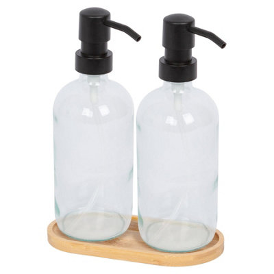 2pc Glass Soap Dispenser Set with Bamboo Tray - 500ml - Clear