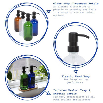 2pc Glass Soap Dispenser Set with Bamboo Tray & Labels - 500ml - Amber/Black