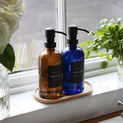 2pc Glass Soap Dispenser Set with Bamboo Tray & Labels - 500ml - Amber/Black - 5