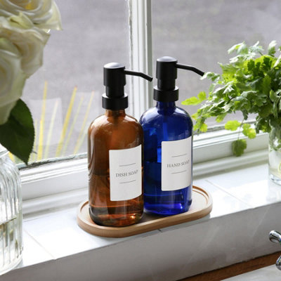 2pc Glass Soap Dispenser Set with Bamboo Tray & Labels - 500ml - Amber/White - 5