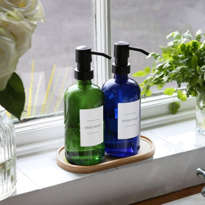 2pc Glass Soap Dispenser Set with Bamboo Tray & Labels - 500ml - Blue/White - 5