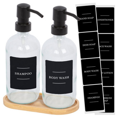 2pc Glass Soap Dispenser Set with Bamboo Tray & Labels - 500ml - Clear/Black