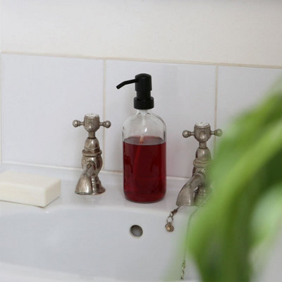 2pc Glass Soap Dispenser Set with Bamboo Tray & Labels - 500ml - Clear/Black - 5